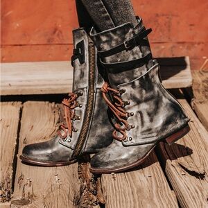 Freebird Ravi, Gray Black Vintage Moto Boots with Side Zipper